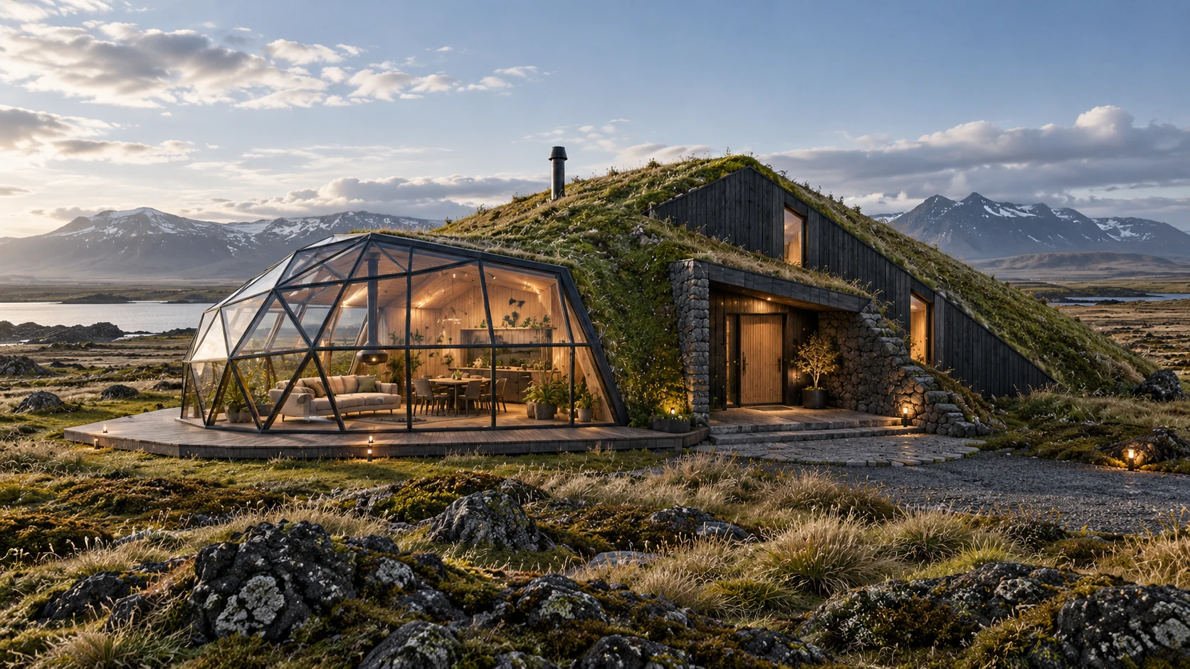 TURF HORIZON planted house with a panoramic glass wing on an open plain