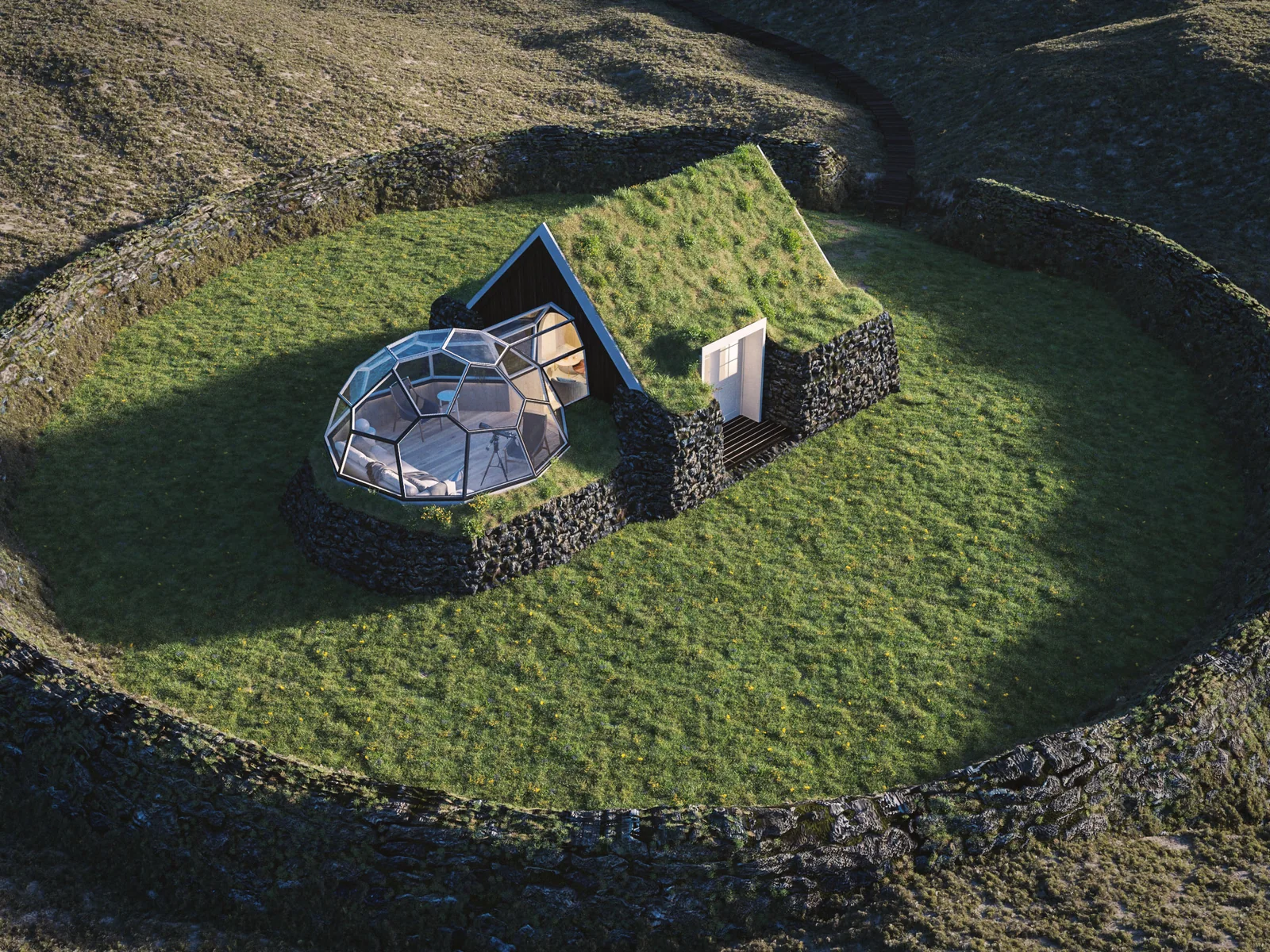 ARCTIC home concept embedded in a circular stone and earth courtyard