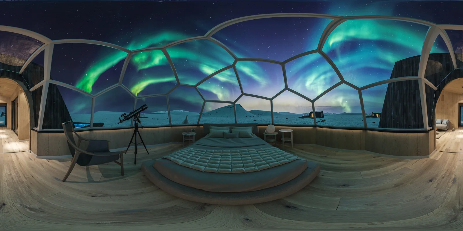Panoramic glazed interior concept beneath the northern lights