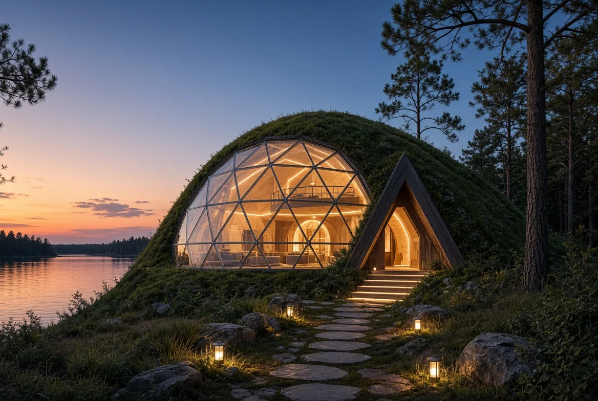 A green-roof home beside a lake at dusk