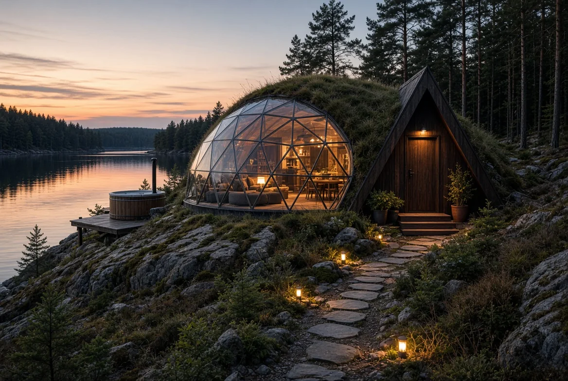 Concept of a green-roof home with panoramic glazing