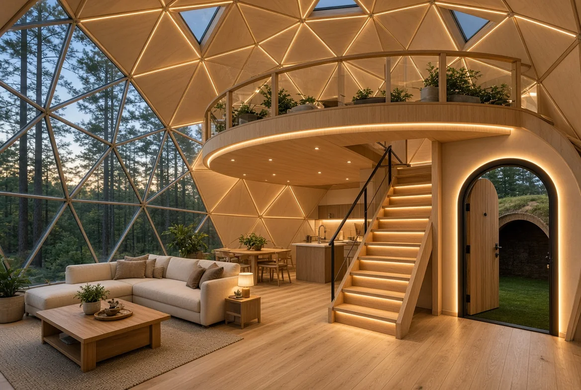 A bright living space with stairs leading to a loft