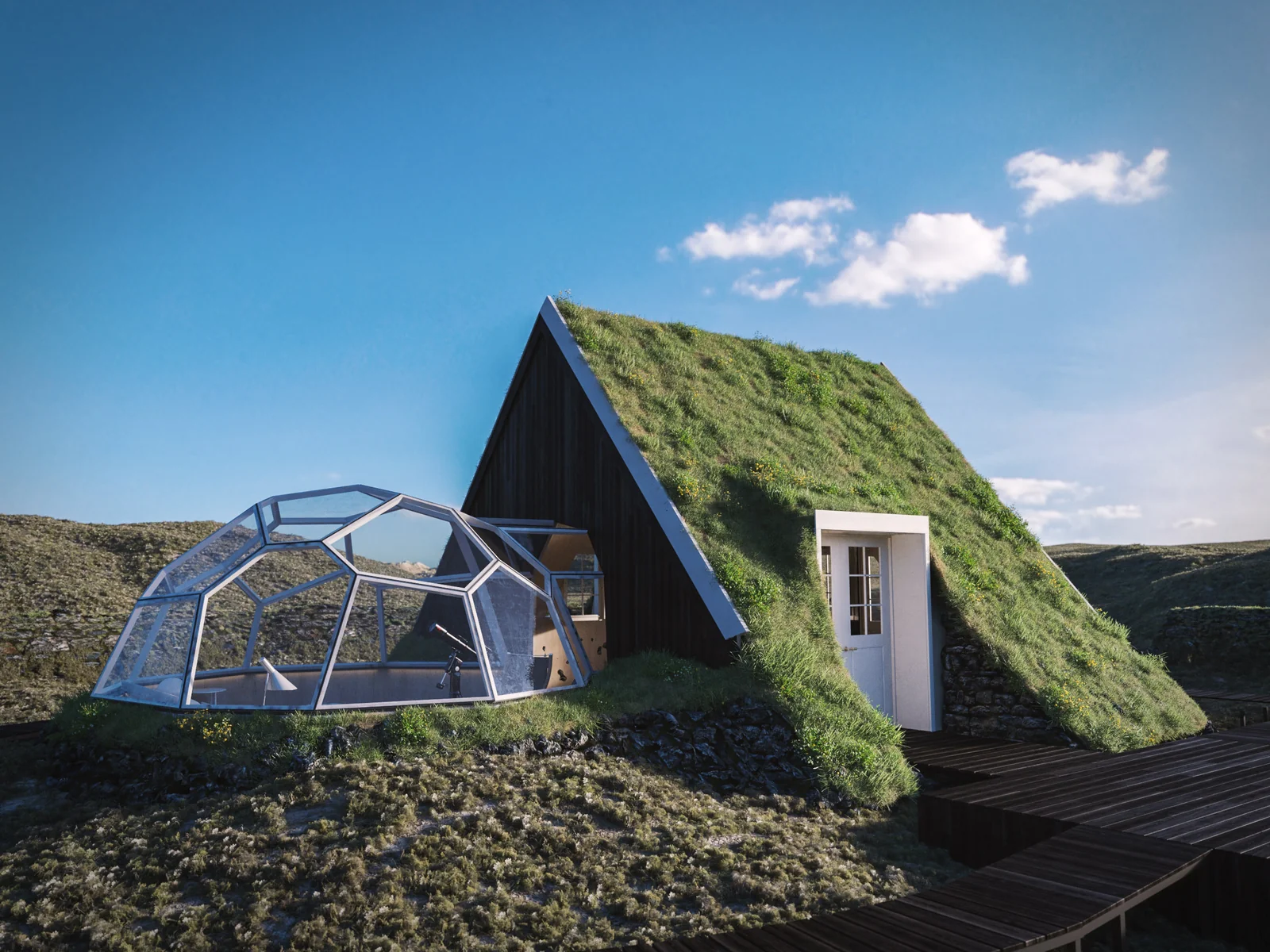 Concept of an Icelandic-style turf-covered home in an open landscape