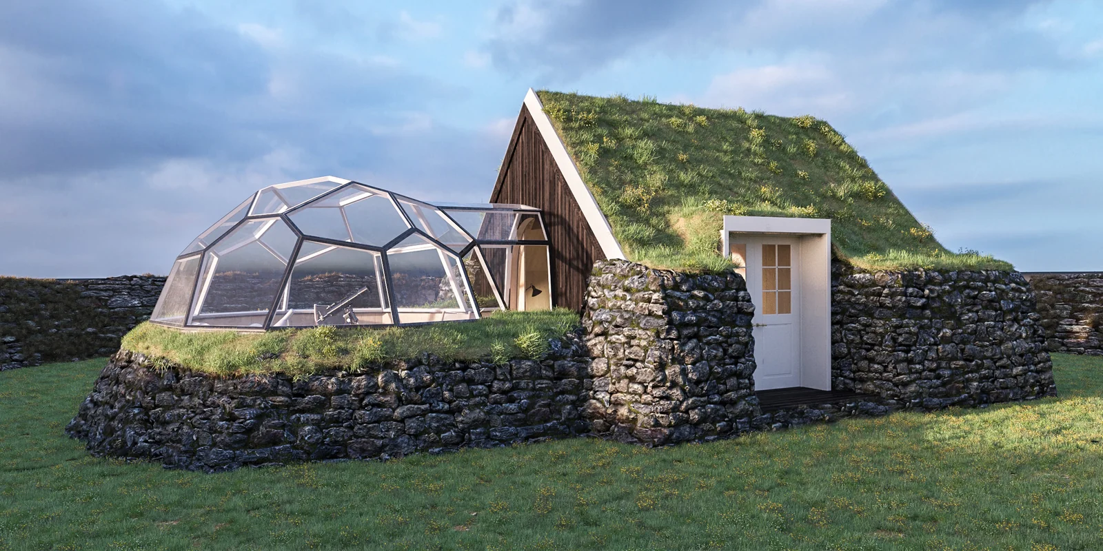 Icelandic-style TURF home concept with a glazed space and stone courtyard walls