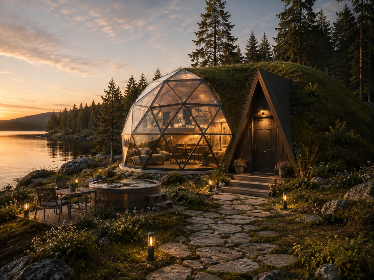Concept of a green-roof home with panoramic glazing