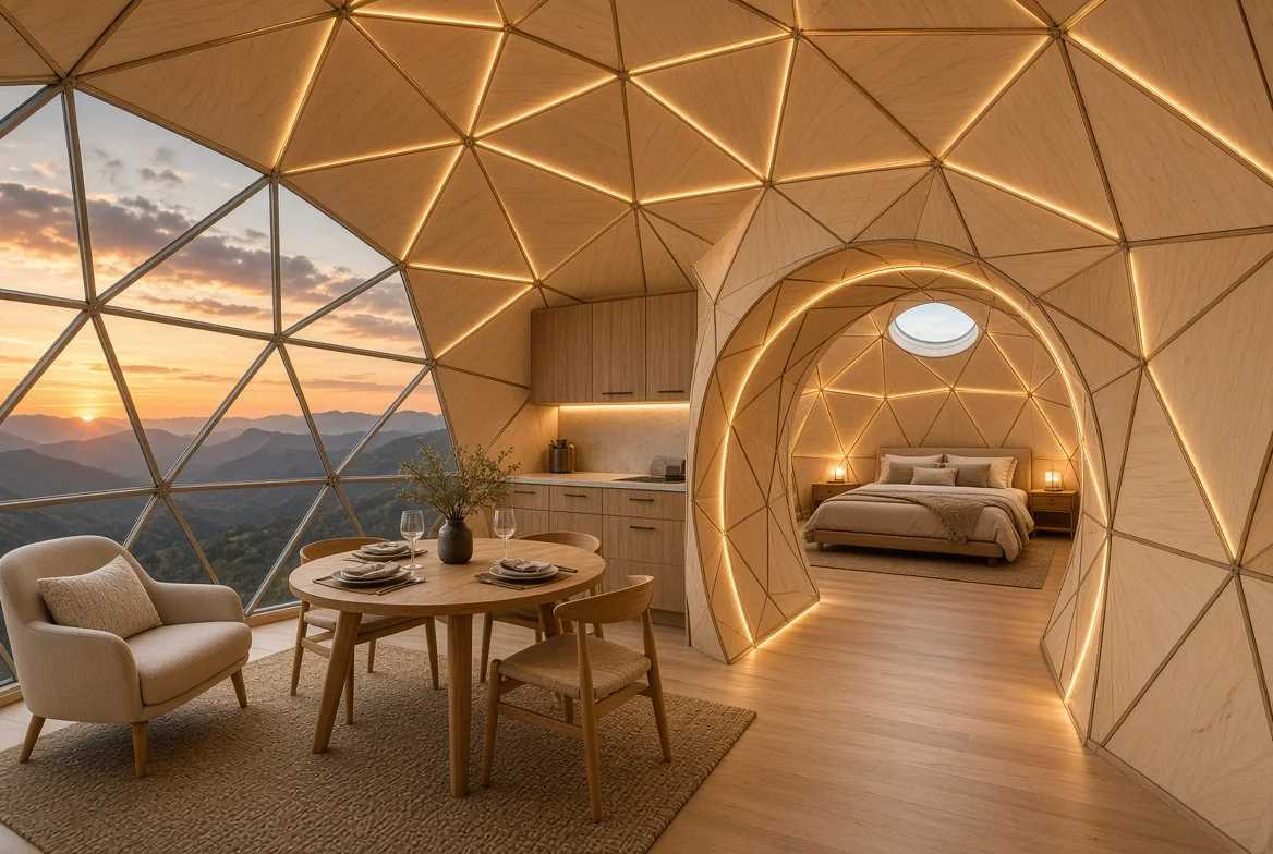 A sleeping space beyond an arch with a mountain view
