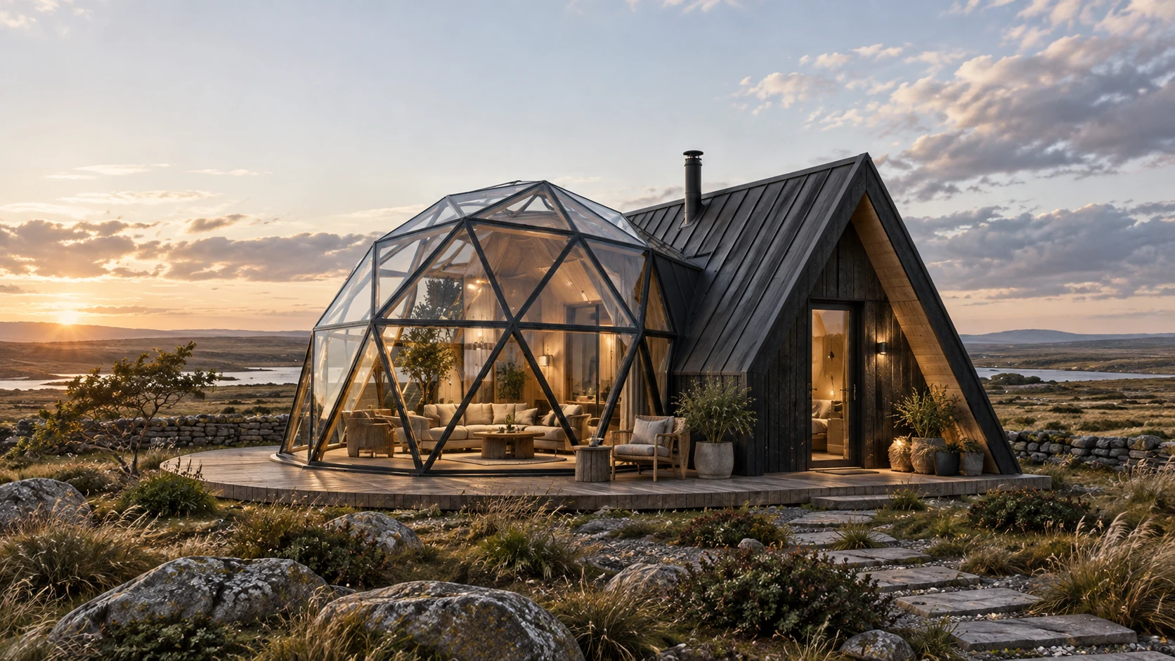 TURF BASE dark-clad starter home with a panoramic glass room