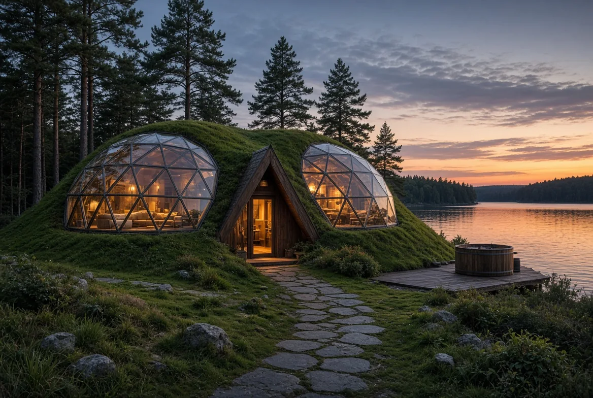 A TWIN home with two glazed spaces beside a lake